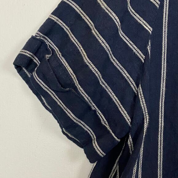 J. Jill Love Linen Navy Blue Striped Shift Dress Pockets Button Front Size Small - Picture 5 of 12